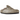 Birkenstock Boston Taupe baskets vue sous angle avec empeigne en daim, bride marron à boucle et semelle intérieure en liège anatomique