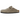 Birkenstock Boston Taupe baskets en vue latérale, fabriquées en daim doux avec la semelle en liège caractéristique et une boucle métallique réglable
