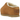 UGG Pumped Slide Chestnut baskets en vue angulaire, présentant leur empeigne matelassée en cuir marron châtaigne et leur semelle épaisse confortable.