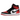 Jordan 1 High OG Ruby baskets en vue sous angle avec une tige en cuir rouge et blanc, des details noirs et des lacets