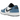 Jordan 1 Low Golf White Aegean Storm baskets de profil avec tige en cuir blanc, swoosh bleu, lacets assortis et semelle plate