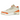 Jordan 3 Retro TEX Starfish baskets en vue sous angle avec du cuir orange, un imprimé éléphant et des lacets blancs