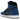 Air Jordan 1 Retro High OG Dark Marina Blue baskets en vue latérale inclinée avec panneaux en cuir bleu roi, base noire et semelle intercalaire blanche.