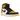 Air Jordan 1 Retro High OG Taxi baskets vue latérale avec bout jaune, Swoosh noir et panneaux en cuir blanc sur le côté