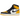 Air Jordan 1 Retro High OG Taxi baskets vue latérale avec empeigne en cuir jaune et noir, détails blancs et un Nike Swoosh noir sur le côté.