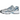 New Balance 530 Silver Metallic Heron Blue baskets en vue sous angle avec une tige en mesh argenté, des details bleus et une semelle blanche