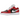 Jordan 1 Low Chicago Flip baskets en vue laterale avec une tige en cuir rouge et blanc, des details noirs et des lacets