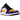 Jordan 1 Low SE Lakers baskets en vue sous angle avec tige en cuir jaune, détails violets, lacets noirs et semelle blanche