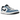 Jordan 1 Low Golf White Aegean Storm baskets en vue laterale avec une tige en cuir blanc et des details bleus