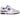 New Balance 550 White Purple baskets vue sous un angle avec une tige en cuir blanc et des détails violets ainsi que des lacets