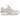Nike Shox R4 White Metallic Silver baskets en vue latérale, mettant en valeur l'empeigne blanche, les détails argentés et les colonnes Shox emblématiques.