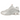 Nike Shox R4 White Metallic Silver baskets profil, montrant la tige blanche en synthétique avec détails argentés et la semelle à colonnes caractéristique.