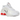 Nike Shox R4 White Phantom Picante Red baskets vue latérale avec empeigne blanche, détails rouges et la semelle à amorti Shox caractéristique