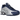Nike Shox R4 Blue Void baskets en vue latérale, dotées d'une empeigne bleu foncé perforée au laser et des colonnes emblématiques d'amorti Shox.
