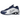 Nike Shox R4 Blue Void baskets vue latérale avec une empeigne bleu marine en cuir et les colonnes d'amorti emblématiques Shox au talon