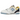 New Balance 550 Marquette baskets vue latérale avec détails bleu marine, accents marron doré et une empeigne classique en cuir blanc