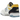 New Balance 550 Marquette baskets vue latérale avec empeigne en cuir blanc, détails bleu marine et accents jaunes sur la semelle