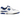 New Balance 550 White Blue baskets vue latérale, en cuir blanc avec des détails bleus, panneaux perforés et semelle extérieure en gomme