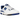 New Balance 550 White Blue baskets vue latérale avec empeigne en cuir blanc, détails bleus au talon, logo et semelle en caoutchouc blanc cassé