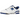 New Balance 550 White Blue baskets vue latérale angulaire avec empeigne en cuir blanc, accents bleus et branding 550 sur le côté