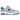 New Balance 550 Chrome Blue Patent baskets de profil avec tige en cuir blanc, détails bleus et lacets