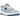 New Balance 550 Chrome Blue Patent baskets en vue sous angle avec tige blanche et détails en cuir vernis bleu et lacets