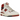 New Balance 650R Aime Leon Dore White Red baskets vue angulaire, mettant en valeur l'empeigne en cuir blanc et les accents rouges caractéristiques.