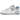 New Balance 550 White University Blue baskets vue latérale avec tige en cuir blanc, détails bleus sur le logo et semelle en caoutchouc