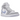 Air Jordan 1 Mid Wolf Grey Aluminum baskets dans une vue latérale anglée avec empiècements en cuir gris, détails bleu clair et semelle blanche.
