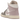 Air Jordan 1 Mid Enigma Stone Particle Rose baskets de profil, nuances de gris avec détails rose, daim et lacets blancs.