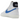 Nike Blazer Mid 77 Vintage White Light Photo Blue Black Sail baskets vue latérale avec empeigne en cuir blanc, swoosh bleu et semelle en gomme.