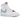 Nike Blazer Mid 77 White Indigo baskets vue latérale avec empeigne en cuir blanc, swoosh bleu marine et détail brodé plante indigo au talon