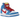 Nike SB Dunk High Doraemon baskets en vue angulaire avec daim bleu, cuir blanc, lacets rouges et swoosh jaune caractéristique