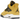 Baskets Air Jordan 4 Retro Lightning vue angulaire avec tige en cuir jaune, détails noirs, unité Air visible et semelle intermédiaire grise