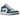 Air Jordan 1 Low Marina Blue baskets vue latérale montrant la base en cuir blanc, les empiècements bleus, les lacets bleus et la semelle.
