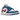 Air Jordan 1 Low Sport Blue Gym Red baskets vue latérale avec empiècements en cuir bleu et blanc, talon rouge et logo Jumpman sur la languette