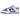 Baskets Nike Dunk Low Racer Blue White vue latérale avec superpositions en cuir bleu sur base blanche, lacets blancs et semelle blanche