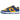 Nike Dunk Low UCLA baskets vue latérale angulaire avec empeigne en cuir bleu et jaune, bout perforé et semelle intermédiaire blanche
