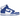 Nike Dunk High Game Royal baskets en vue latérale avec empeigne en cuir blanc classique, empiècements bleu roi et semelle blanche