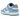 Nike Dunk Low Coast baskets profil latéral avec empiècements bleu clair sur une base en cuir blanc, swoosh bleu clair et semelle en gomme plate.