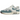 Baskets Nike Air Max 1 Patta Noise Aqua en vue latérale, présentant l'emblématique garde-boue ondulé bleu, une empeigne en mesh blanc et une bulle d'Air.