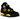 Air Jordan 4 Thunder baskets en vue latérale, en nubuck noir avec des détails jaunes marqués sur la semelle intermédiaire, les œillets et la languette.