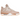 Baskets Air Jordan 4 Retro Shimmer en vue angulaire avec tige en daim beige, ailettes transparentes et semelle intermédiaire blanche avec unité Air visible