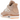 Baskets Air Jordan 4 Retro Shimmer vue latérale dans des tons beiges avec daim, ailettes transparentes, lacets blancs et unité Air visible.