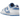 Nike Dunk Low Reverse UNC baskets vue latérale avec superpositions en cuir bleu clair sur une base blanche, lacets blancs et semelle bleue.