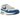 Nike Air Max 1 86 OG Big Bubble Royal baskets vue inclinée avec tige blanche, empiècements en daim bleu et l'emblématique unité Air visible agrandie