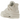 Jordan 4 Retro Blank Canvas baskets en vue angulaire avec tige en toile blanc cassé, détails en filet signature et semelle assortie