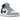 Air Jordan 1 Mid Wolf Grey Midnight Navy baskets vue latérale avec empeigne grise, détails bleu marine, semelle blanche et logo emblématique.