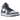 Air Jordan 1 Mid True Blue baskets vue latérale avec base en cuir blanc, empiècements bleus, talon gris et le logo Swoosh noir iconique