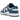 Nike Dunk Low Industrial Blue baskets en vue angulaire avec base en cuir blanc, empiècements en jean bleu, lacets blancs et semelle en gomme